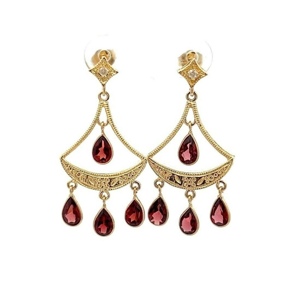 14K Yellow Gold, .02ctw Diamond & Pear Shaped Garnet Chandelier Earrings! 76